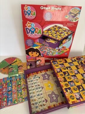 Vintage Dora the Explorer Game House Wood Checkers Chess Dominoes Bingo Cards